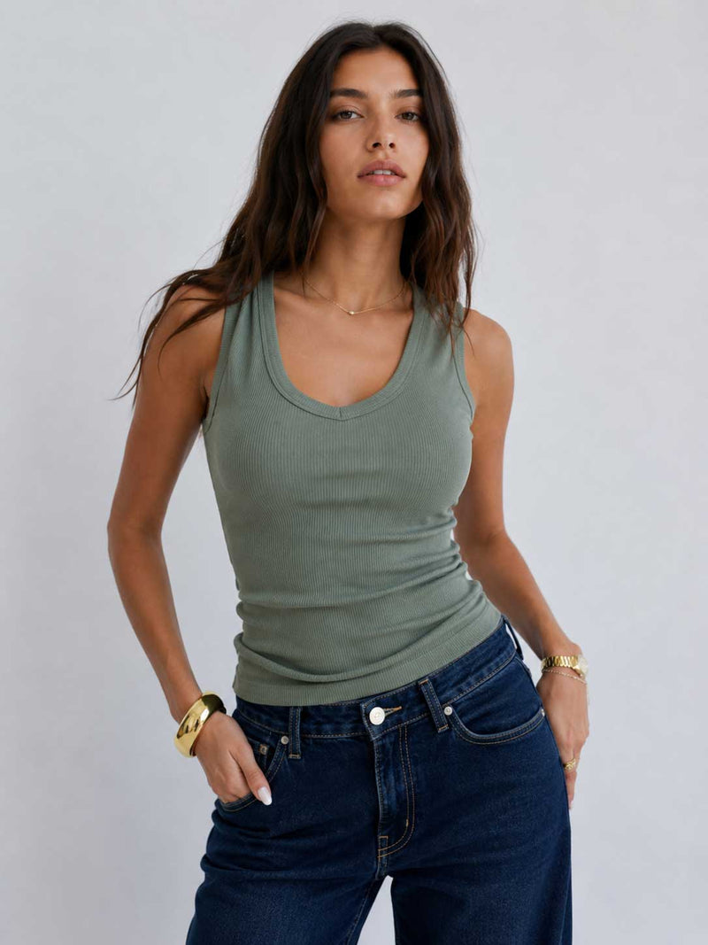 Ribbed V-neck Tank Top _ Olive V-neck top CIZARO - Cizaro Jeans