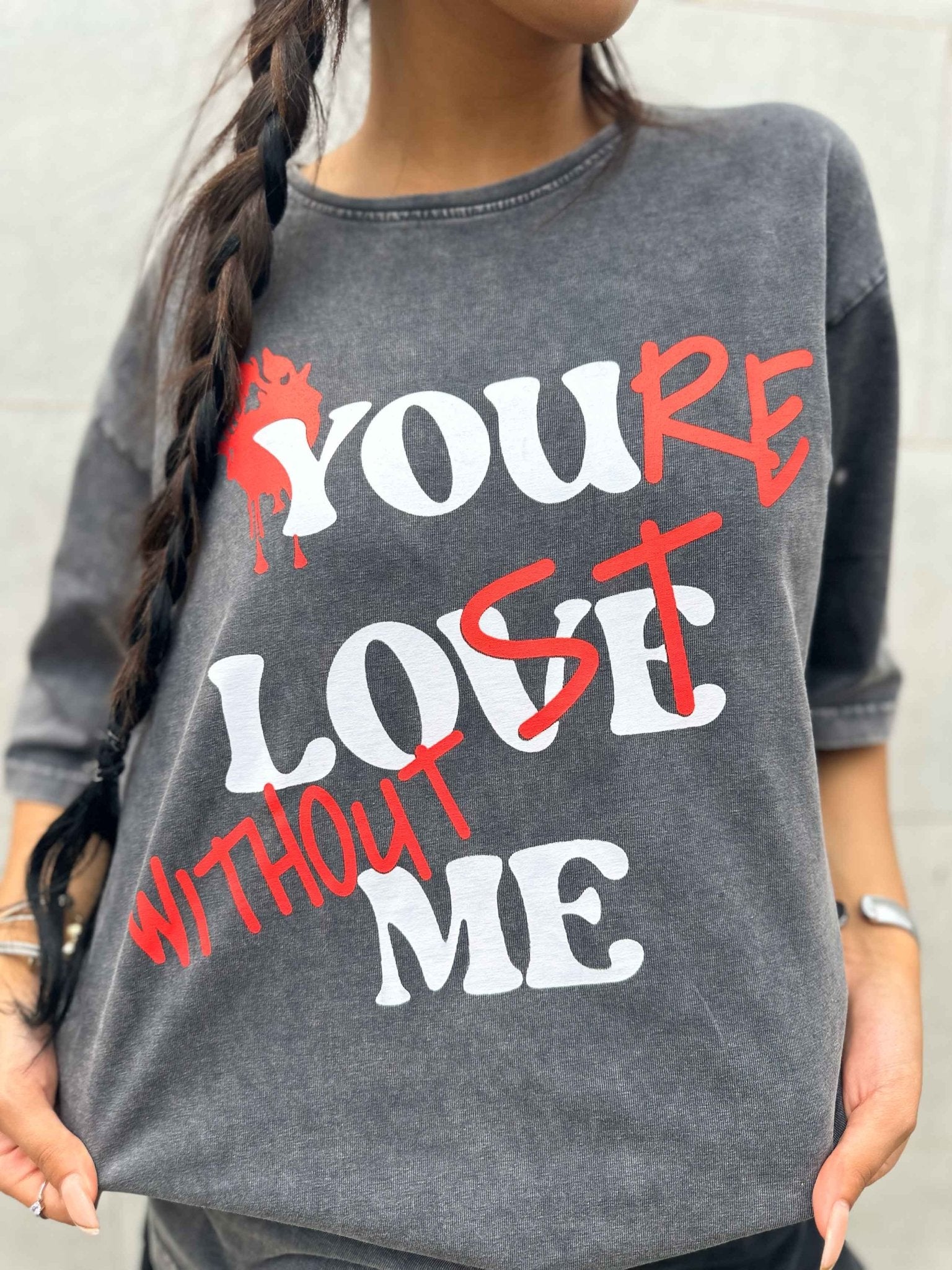 Graphic Print Washed Gery Oversized Tee. T-Shirts CIZARO - Cizaro Jeans