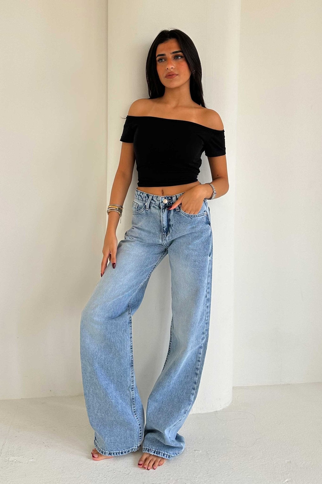 Wide Leg – Mid Rise Bright Blue Jeans Wide-Leg CIZARO - Cizaro Jeans