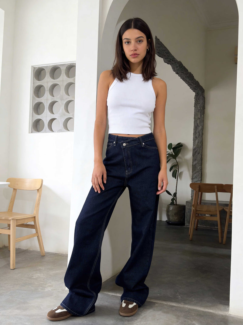 Crossover Wide-Leg – High-Waist Raw Denim Jeans Wide Leg CIZARO - Cizaro Jeans