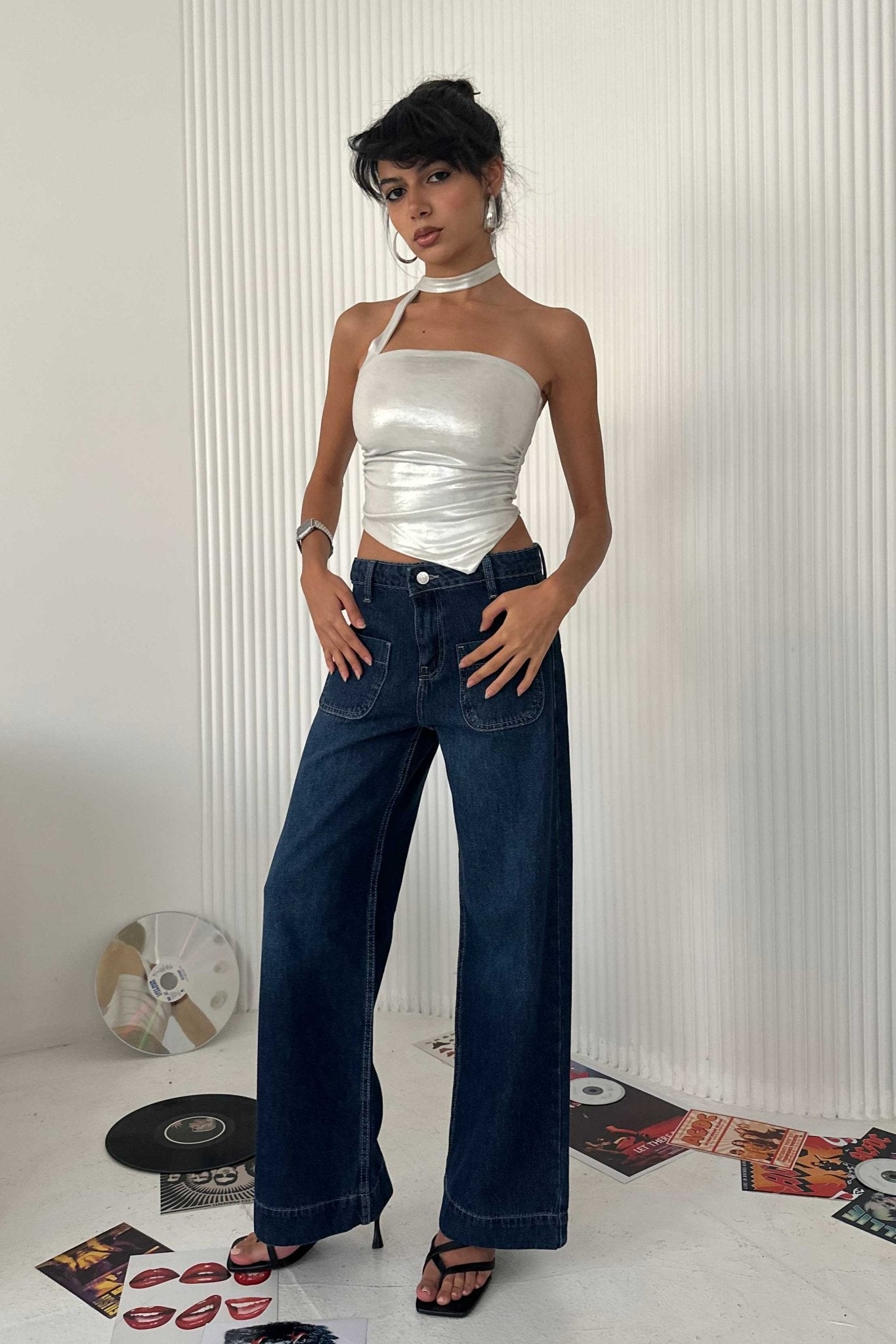 Wide Leg - Mid-Rise With Pockets Navy Blue Jeans wide leg CIZARO - Cizaro Jeans