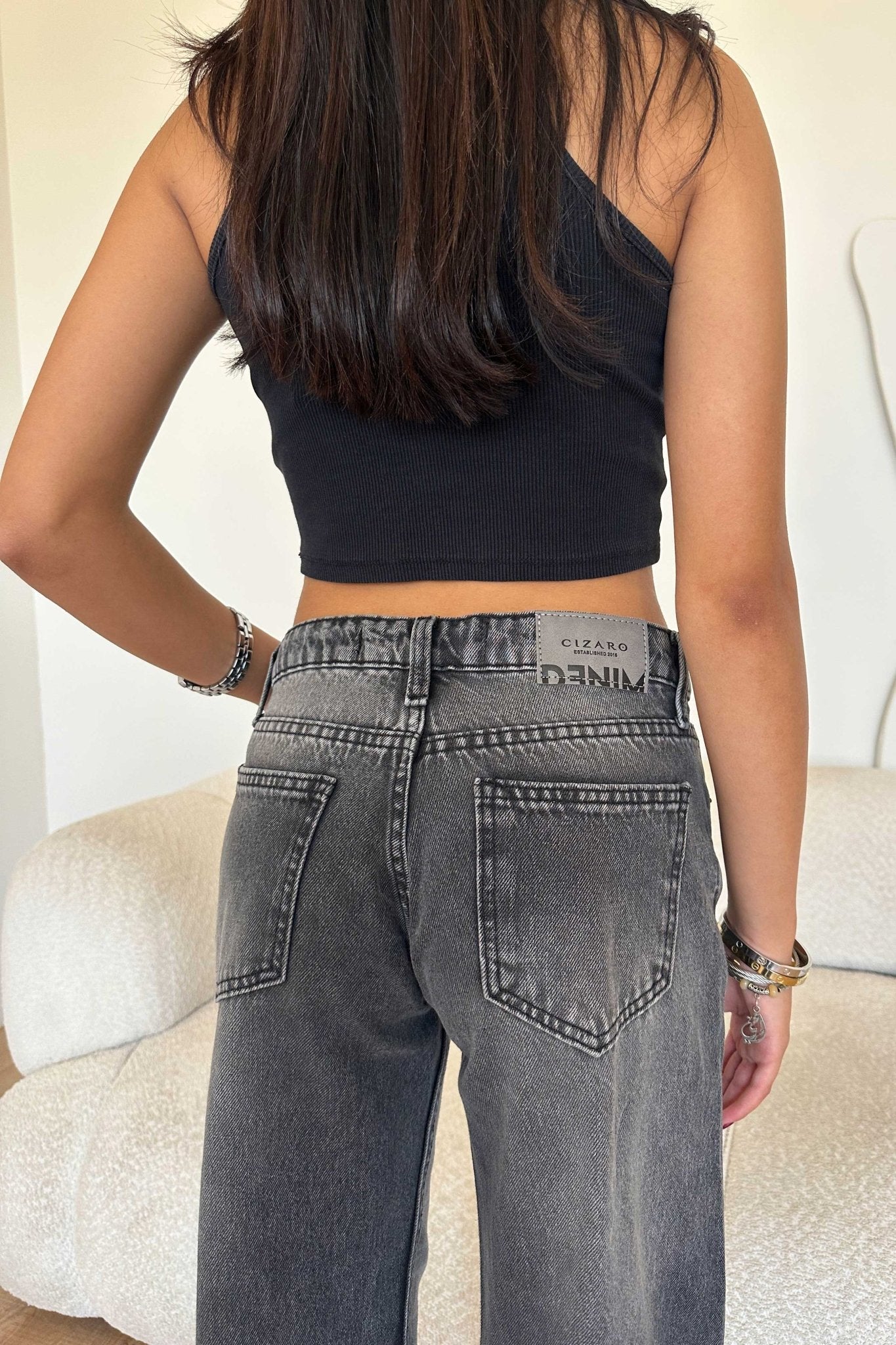 Wide Leg – Low Waist Faded Dark Grey Jeans Wide-Leg CIZARO - Cizaro Jeans