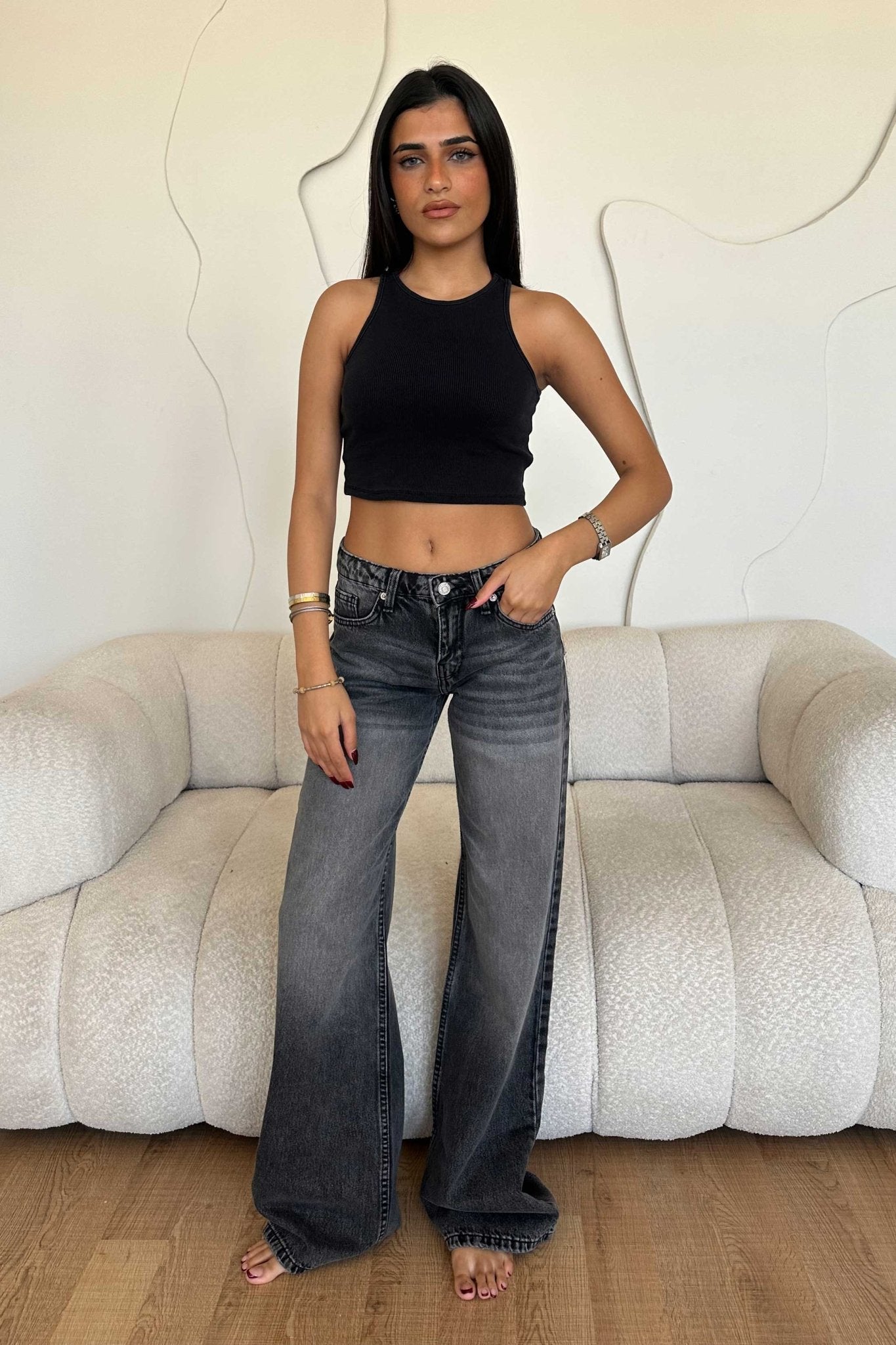 Wide Leg – Low Waist Faded Dark Grey Jeans Wide-Leg CIZARO - Cizaro Jeans