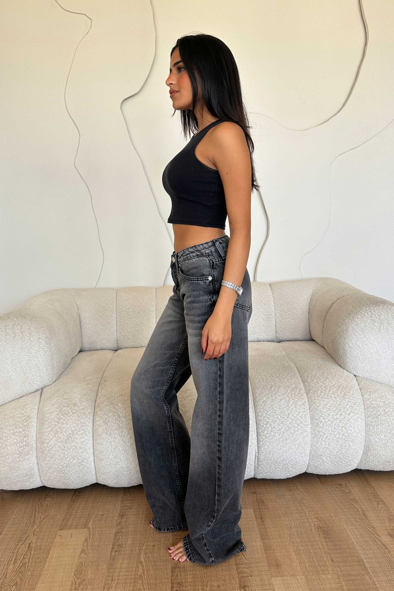 Wide Leg – Low Waist Faded Dark Grey Jeans Wide-Leg CIZARO - Cizaro Jeans