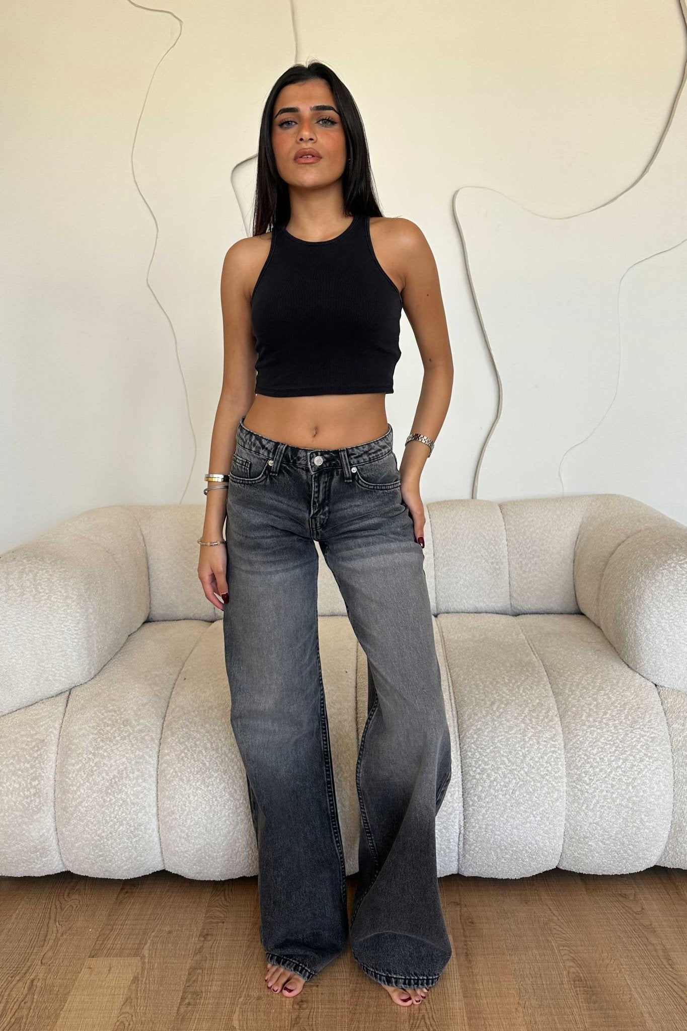 Wide Leg – Low Waist Faded Dark Grey Jeans Wide-Leg CIZARO - Cizaro Jeans