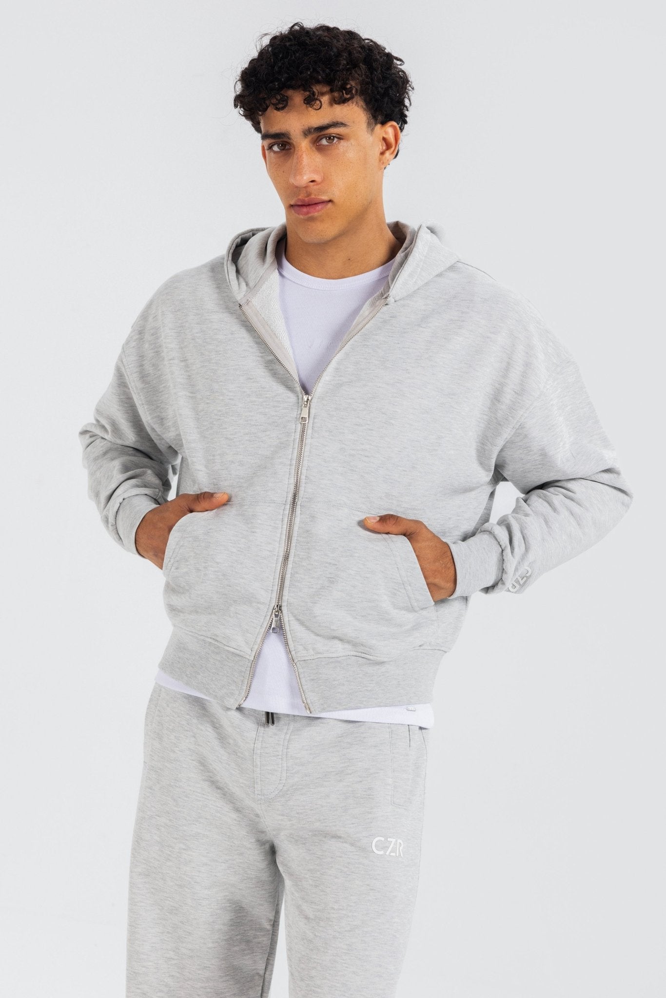 Zip-Up Hoodie – Light Grey Hoodie-Man CIZARO - Cizaro Jeans