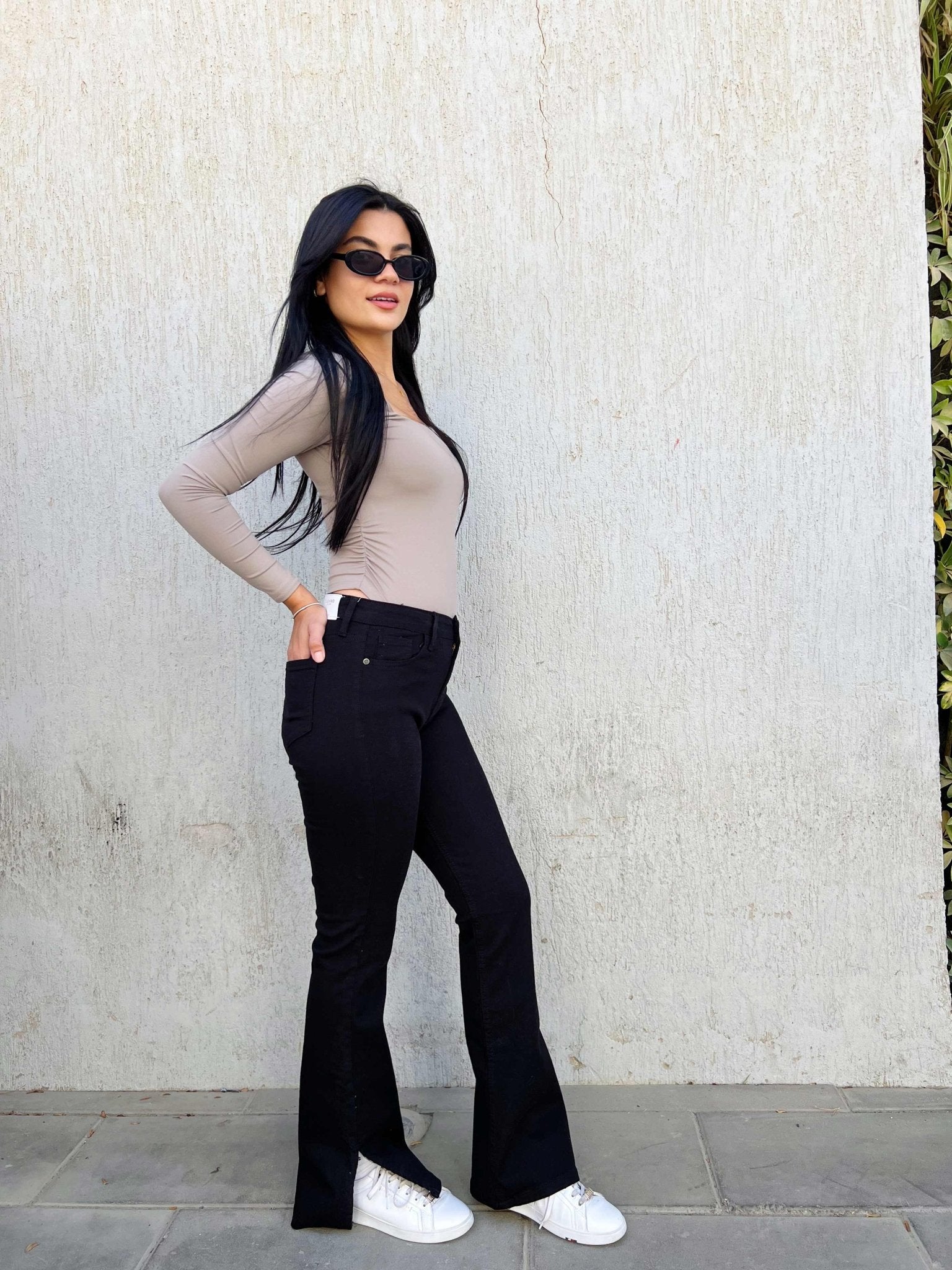 Black Split Hem Flare Jeans Flare CIZARO 38 - Cizaro Jeans