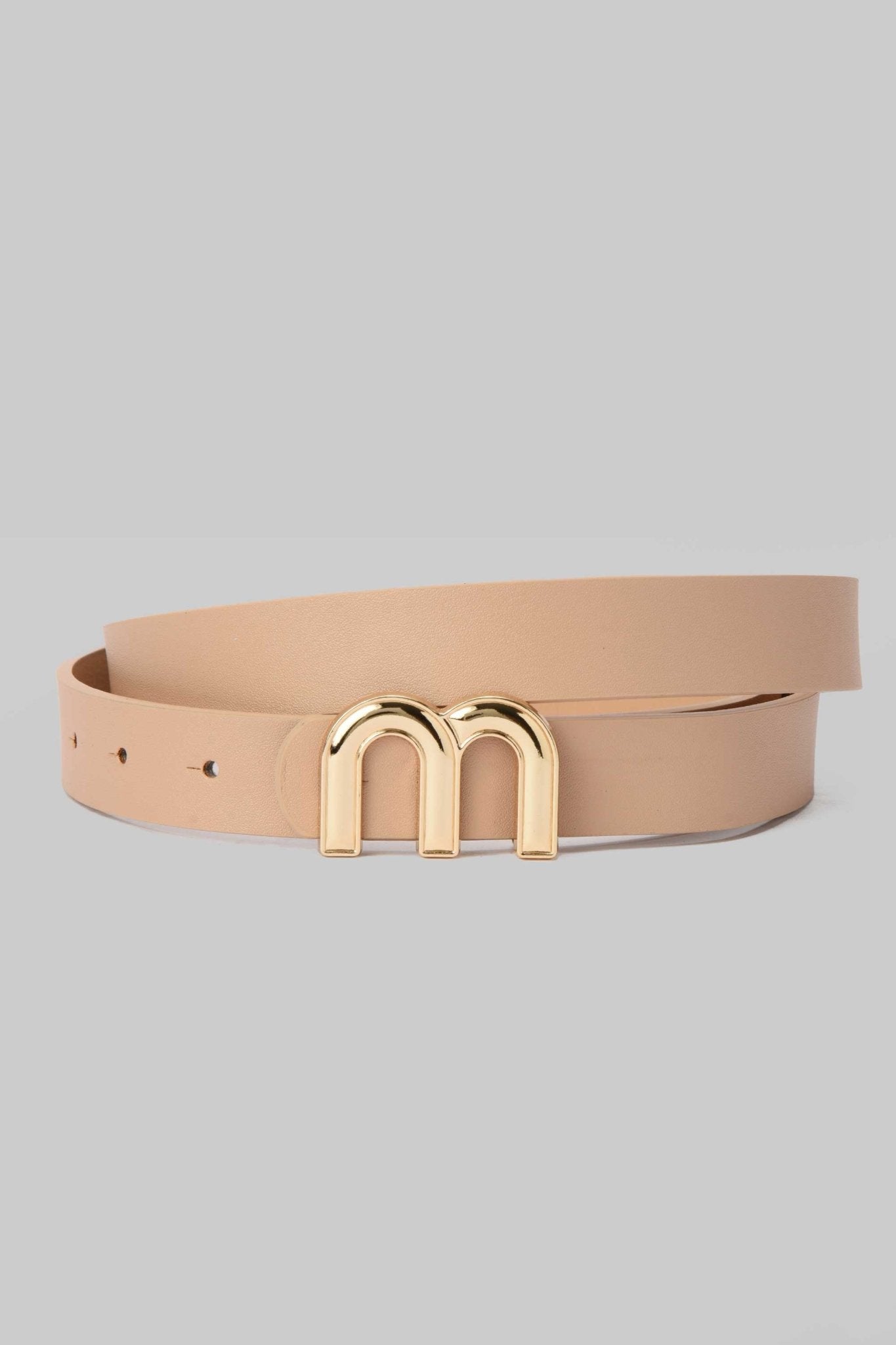 Nude Belt with Double M Gold Monogram Buckle Mom-Fit CZBELT - Cizaro Jeans