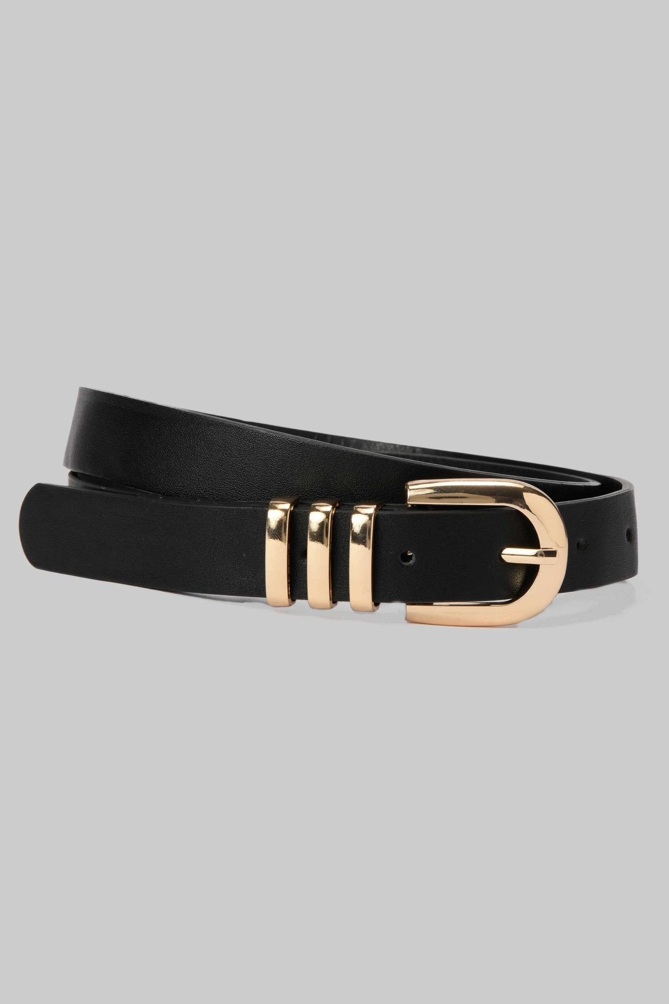 Belt | Black Faux Leather with Triple Gold Loops & Rounded Buckle Belt CZBELT - Cizaro Jeans