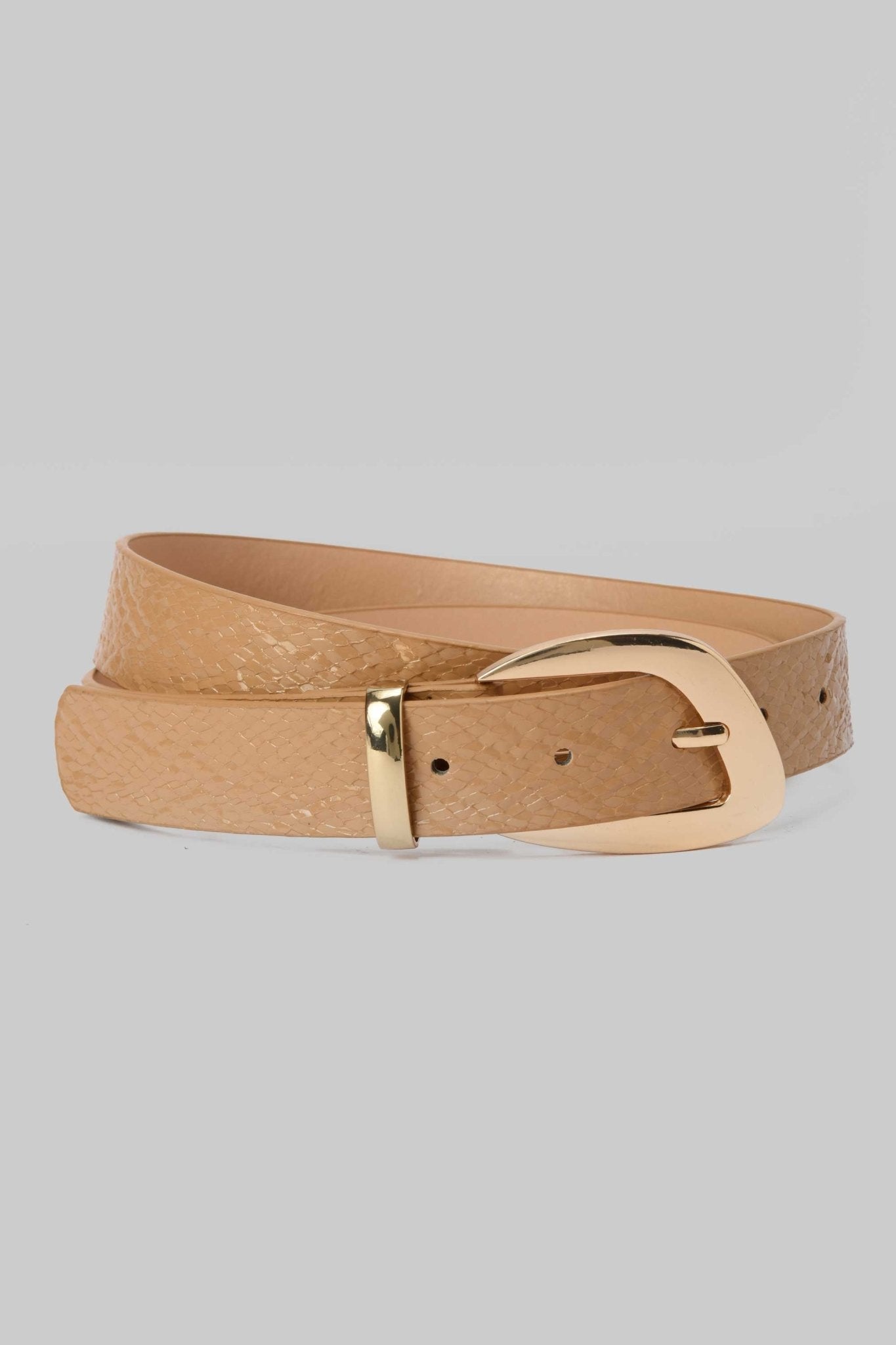 Belt | Nude Textured Faux Leather with Gold Sculpted Buckle Belt CZBELT - Cizaro Jeans