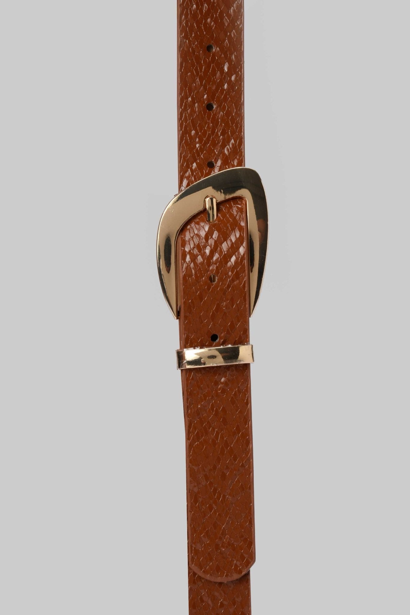 Belt | Tan Textured Faux Leather with Gold Sculpted Buckle Belt CZBELT - Cizaro Jeans