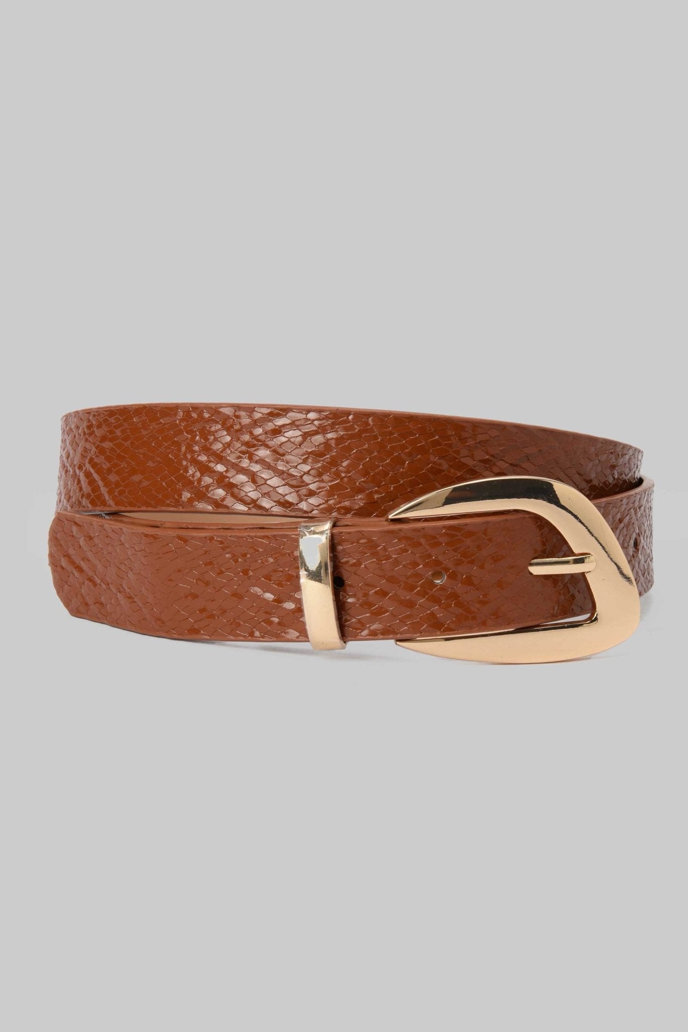 Belt | Tan Textured Faux Leather with Gold Sculpted Buckle Belt CZBELT - Cizaro Jeans