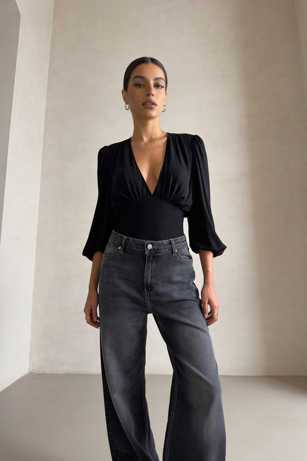Wide-Leg – High-Waist Washed Black Jeans Wide Leg CIZARO - Cizaro Jeans