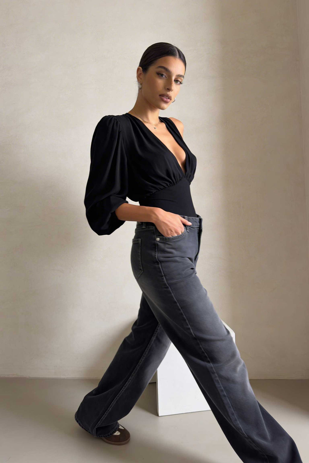 Wide-Leg – High-Waist Washed Black Jeans Wide Leg CIZARO - Cizaro Jeans
