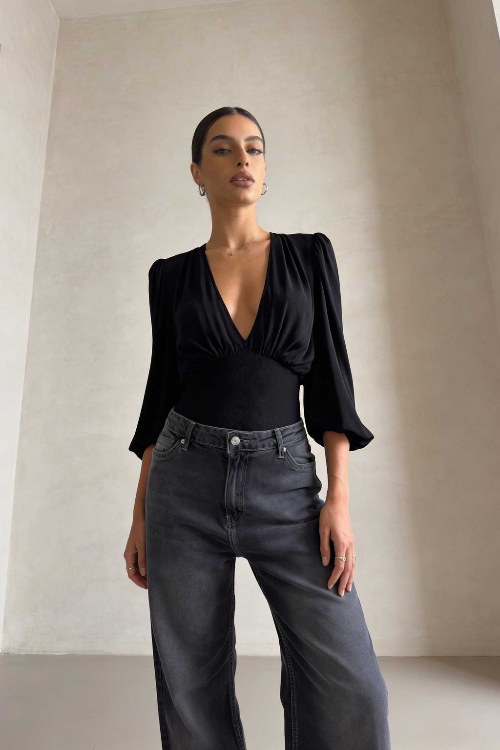 Wide-Leg – High-Waist Washed Black Jeans Wide Leg CIZARO - Cizaro Jeans