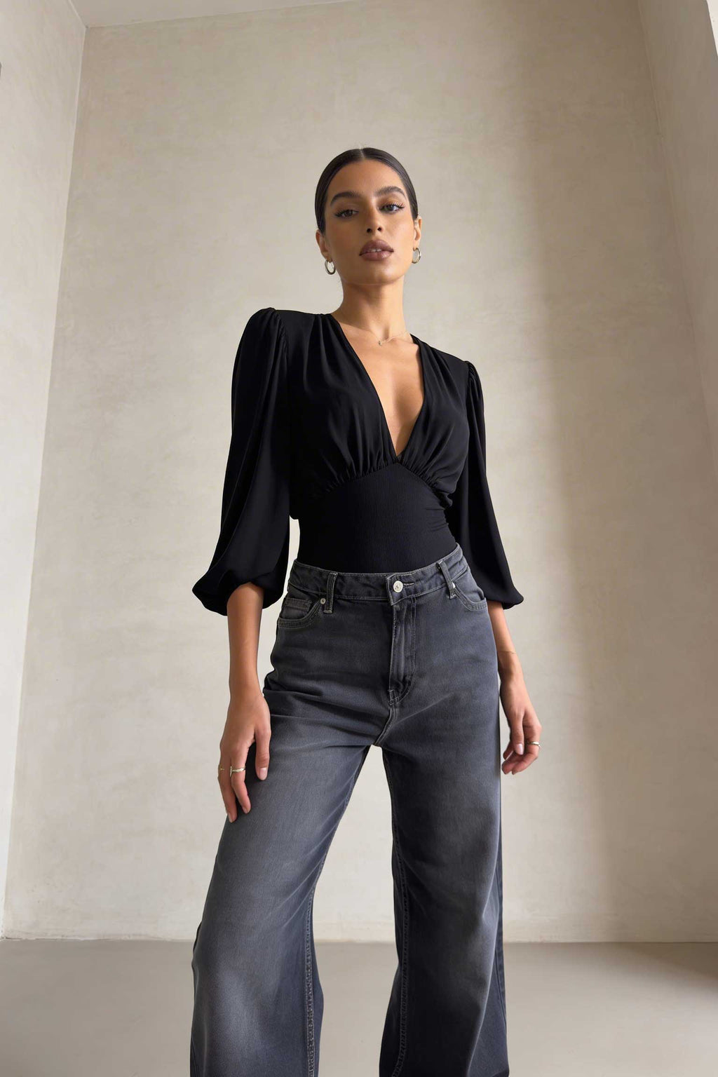 Wide-Leg – High-Waist Washed Black Jeans Wide Leg CIZARO - Cizaro Jeans