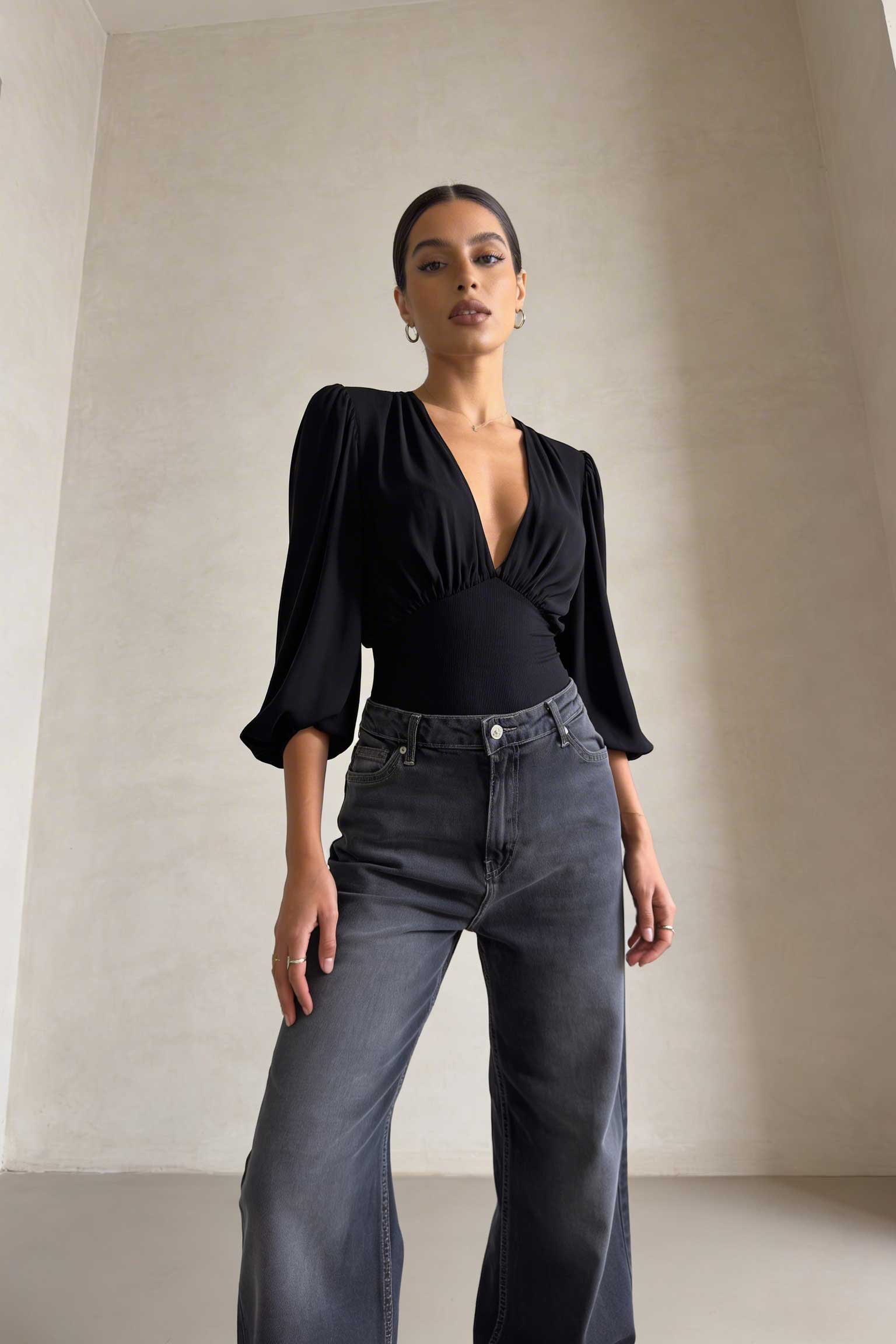 Wide-Leg – High-Waist Washed Black Jeans Wide Leg CIZARO - Cizaro Jeans