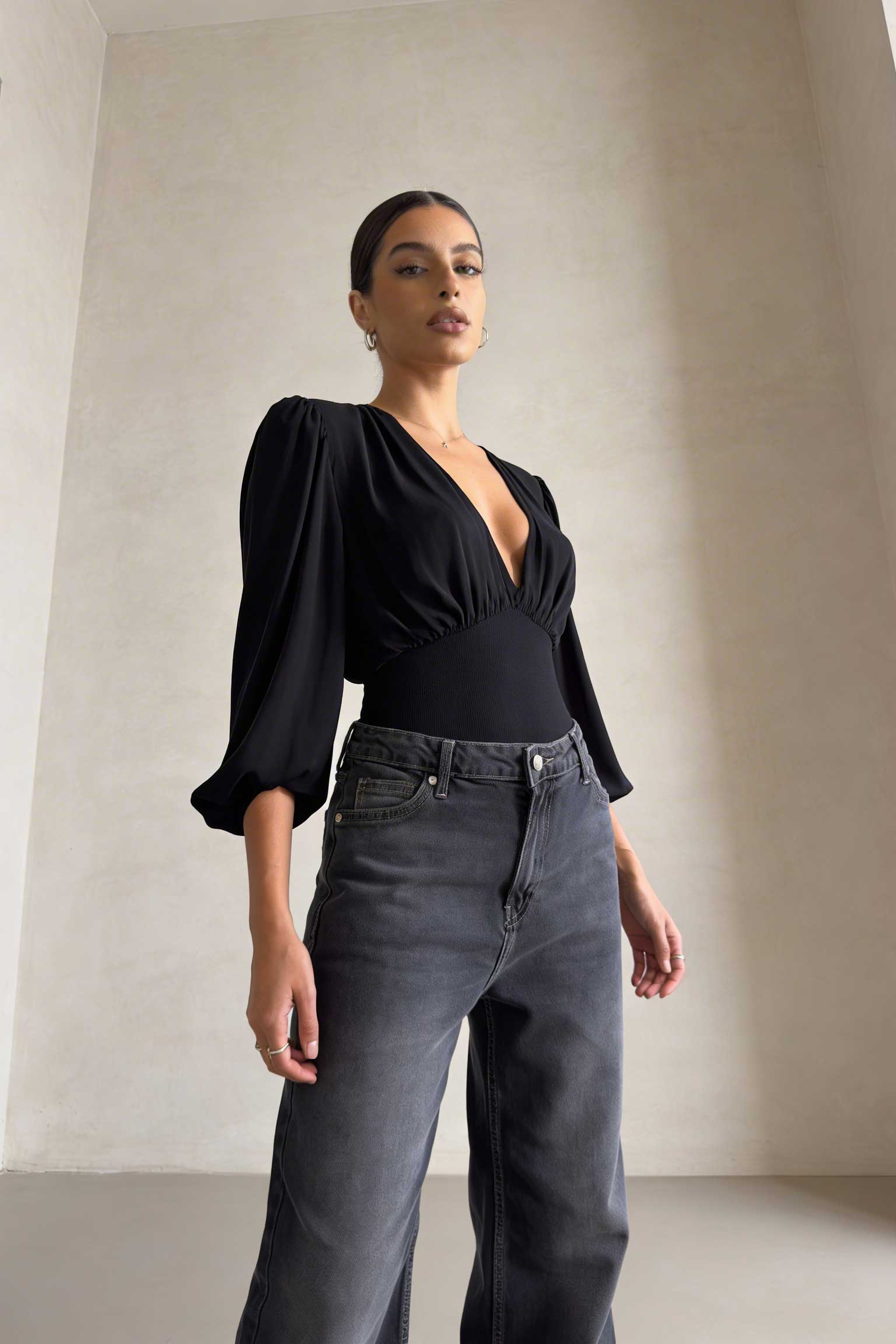 Wide-Leg – High-Waist Washed Black Jeans Wide Leg CIZARO - Cizaro Jeans