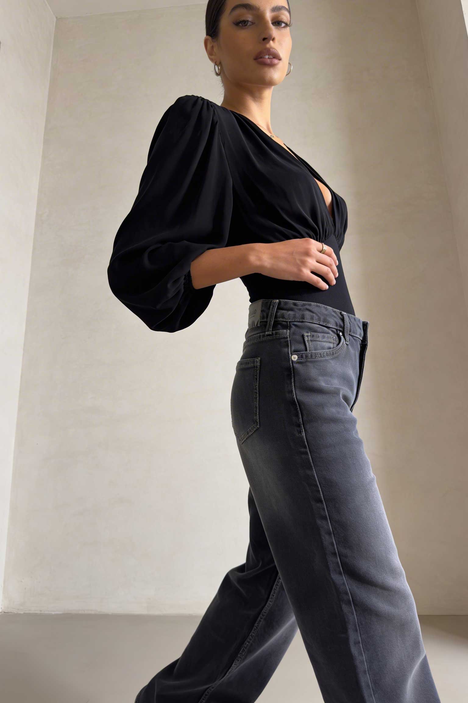 Wide-Leg – High-Waist Washed Black Jeans Wide Leg CIZARO - Cizaro Jeans