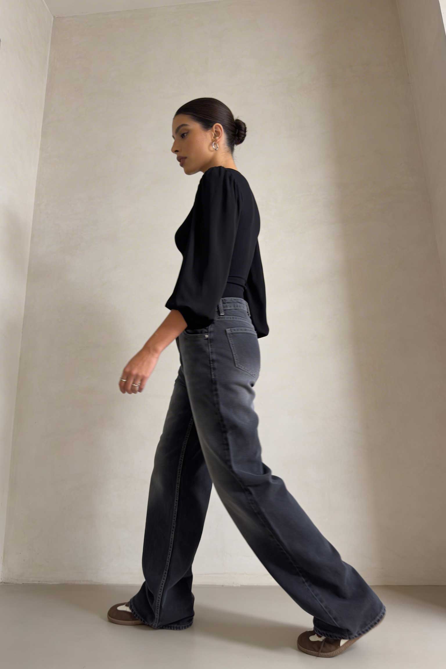 Wide-Leg – High-Waist Washed Black Jeans Wide Leg CIZARO - Cizaro Jeans