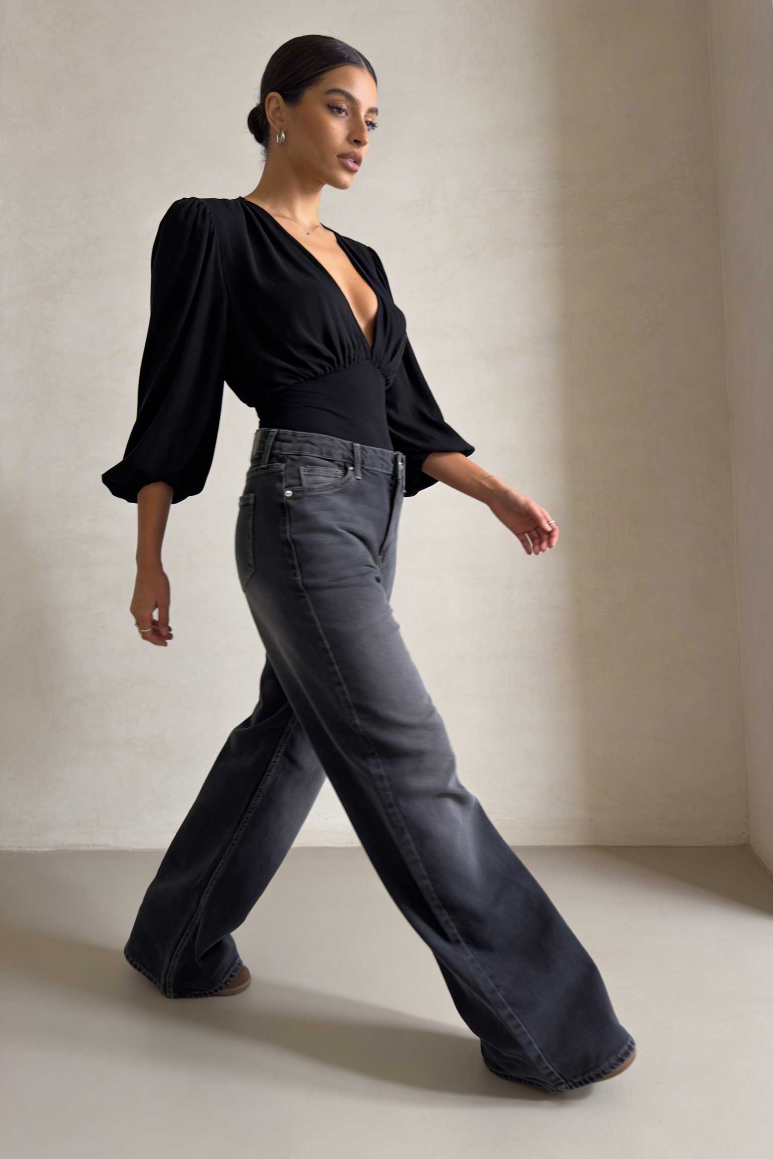 Wide-Leg – High-Waist Washed Black Jeans Wide Leg CIZARO - Cizaro Jeans