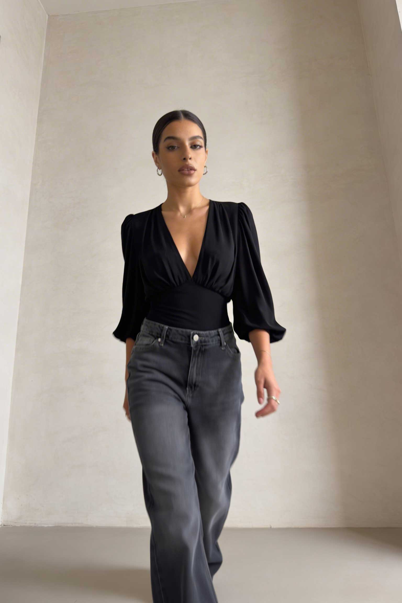Wide-Leg – High-Waist Washed Black Jeans Wide Leg CIZARO - Cizaro Jeans
