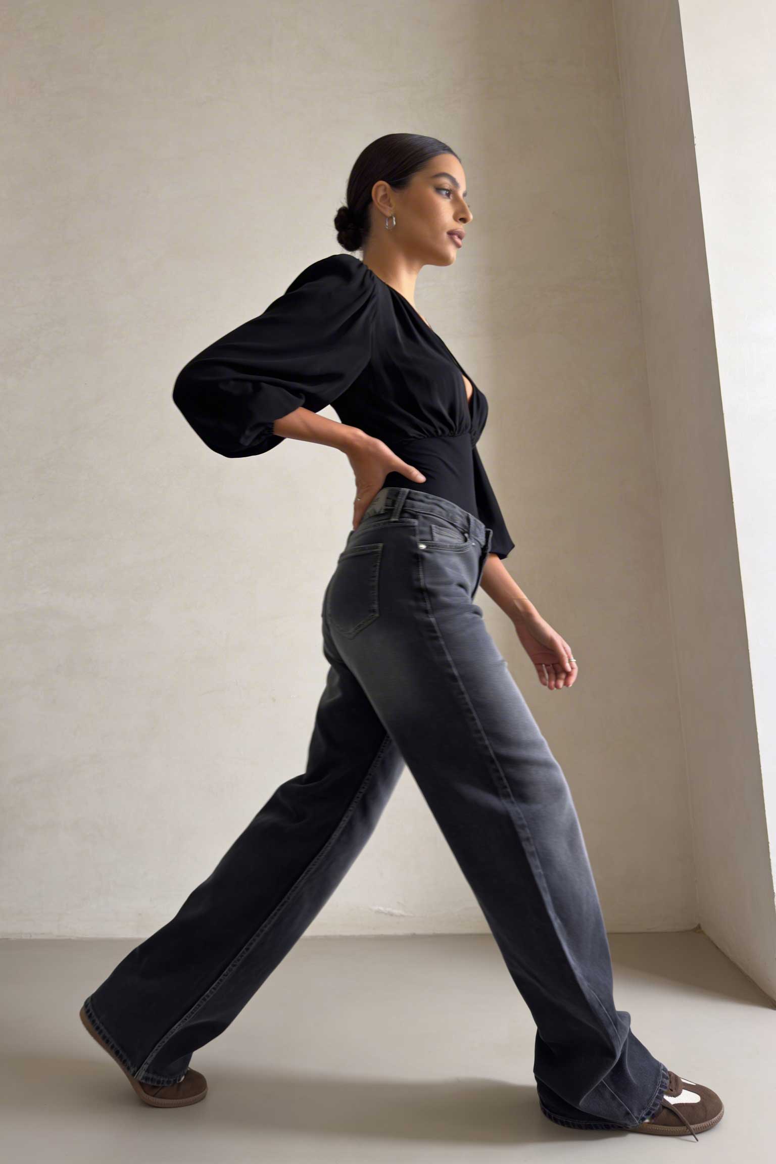 Wide-Leg – High-Waist Washed Black Jeans Wide Leg CIZARO - Cizaro Jeans