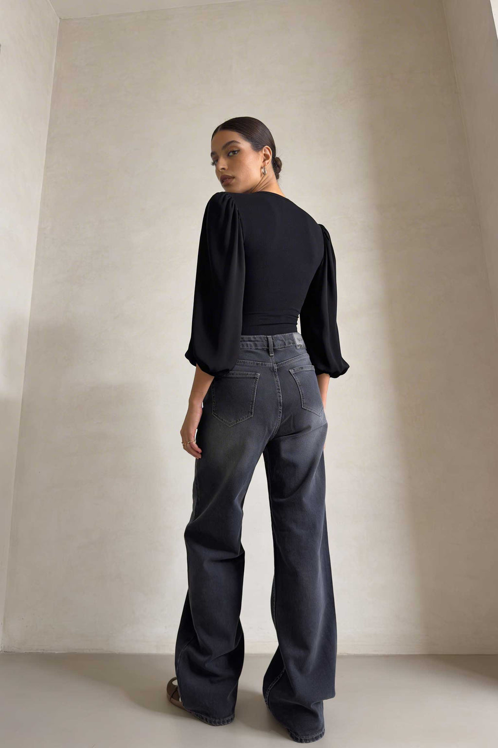 Wide-Leg – High-Waist Washed Black Jeans Wide Leg CIZARO - Cizaro Jeans