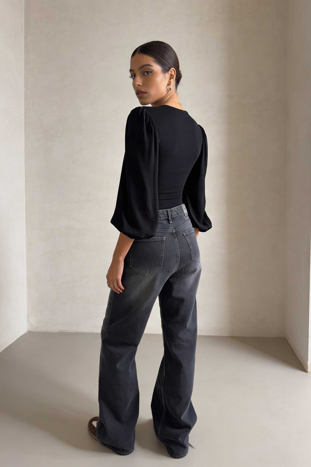 Wide-Leg – High-Waist Washed Black Jeans Wide Leg CIZARO - Cizaro Jeans