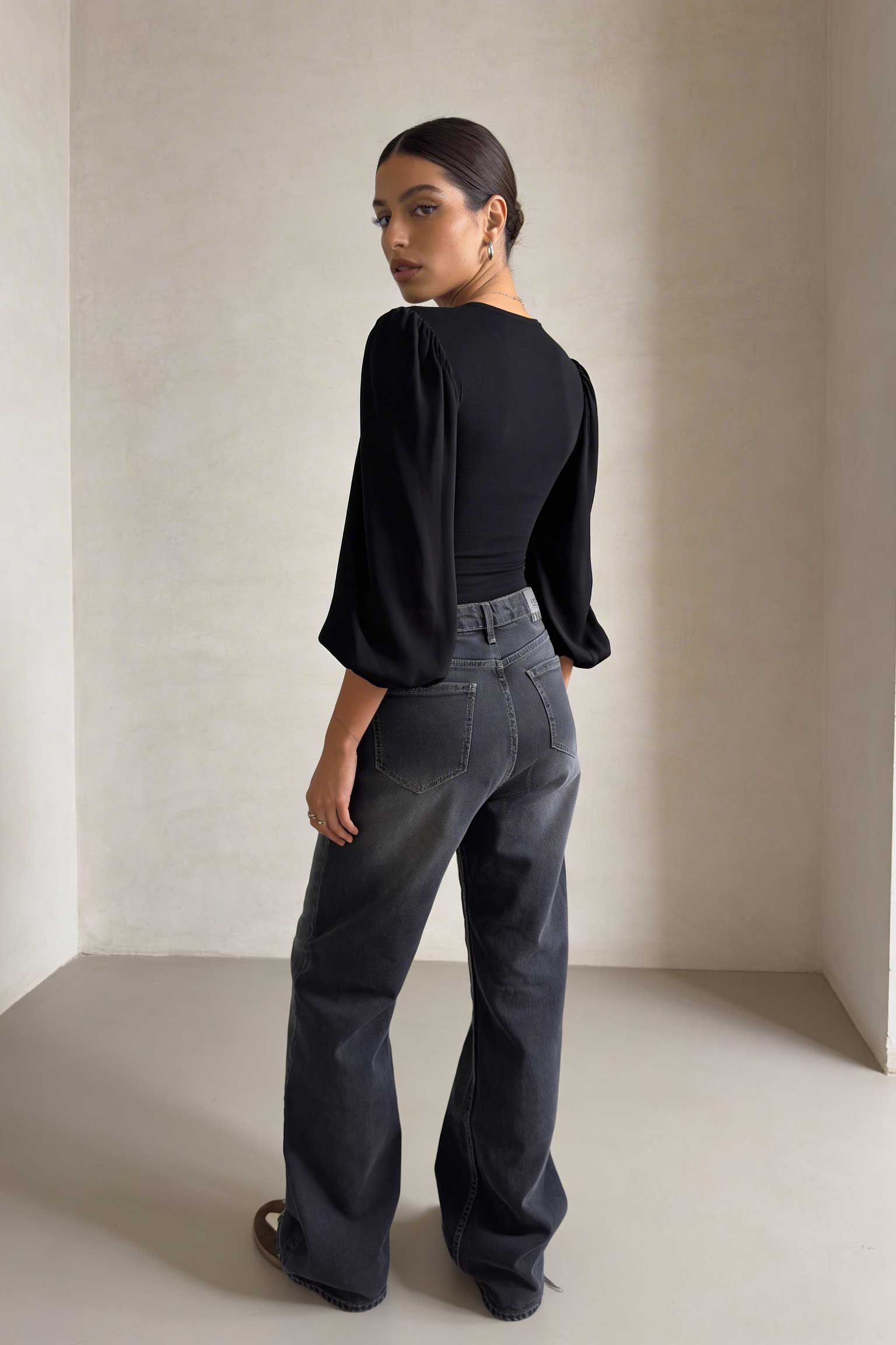 Wide-Leg – High-Waist Washed Black Jeans Wide Leg CIZARO - Cizaro Jeans