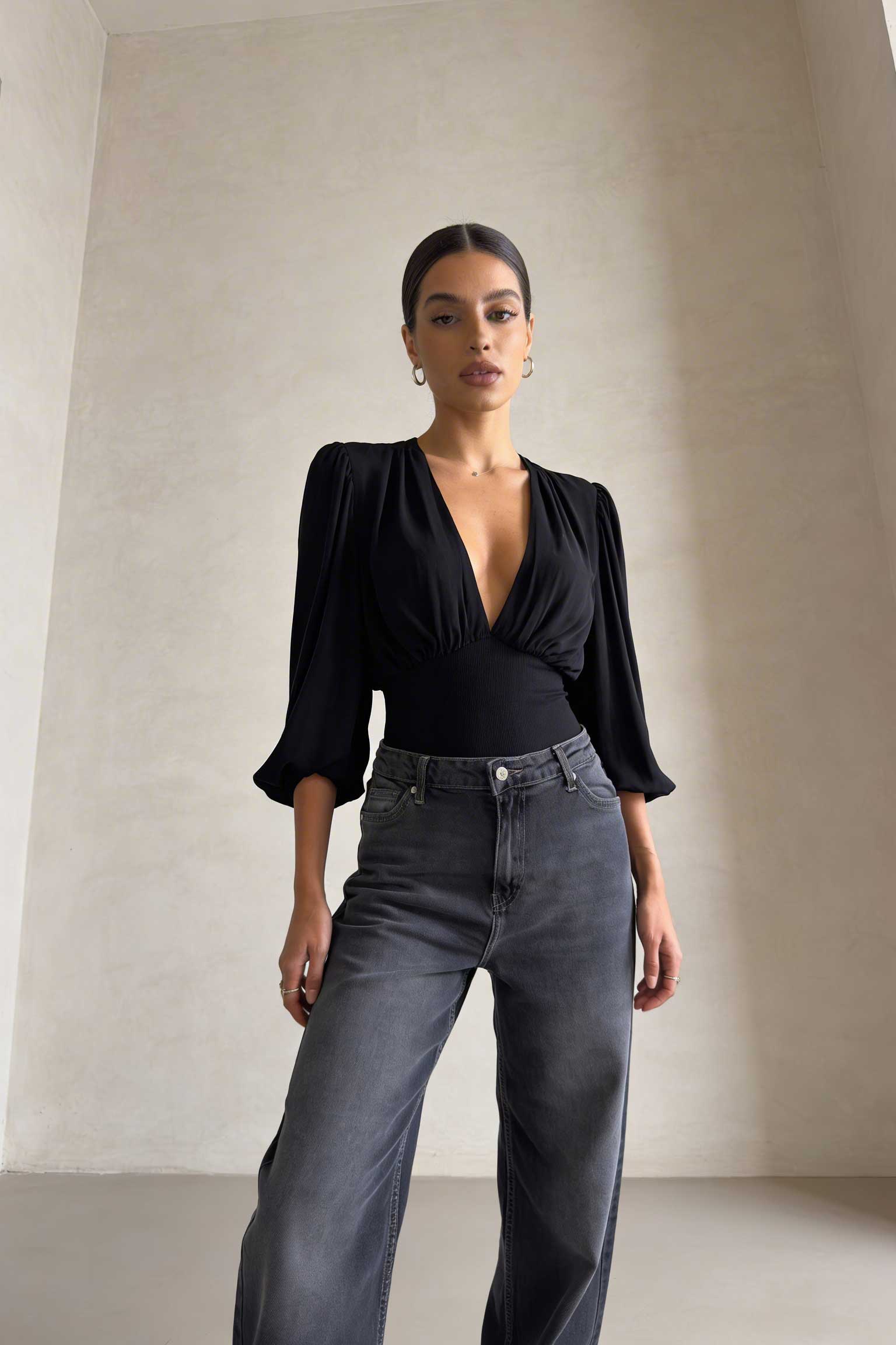 Wide-Leg – High-Waist Washed Black Jeans Wide Leg CIZARO - Cizaro Jeans