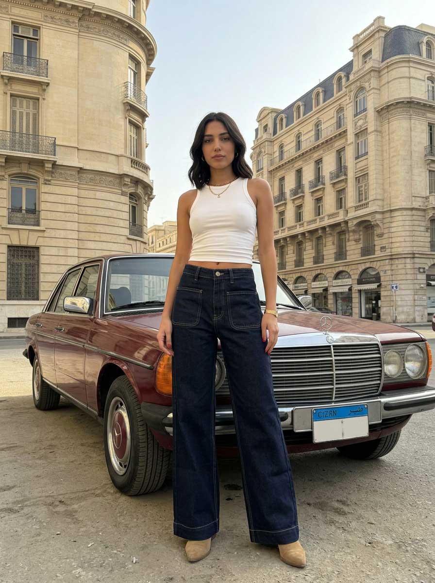 Classic Wide-Leg – High-Waist Raw Denim Patch Pocket Jeans Wide Leg CIZARO - Cizaro Jeans