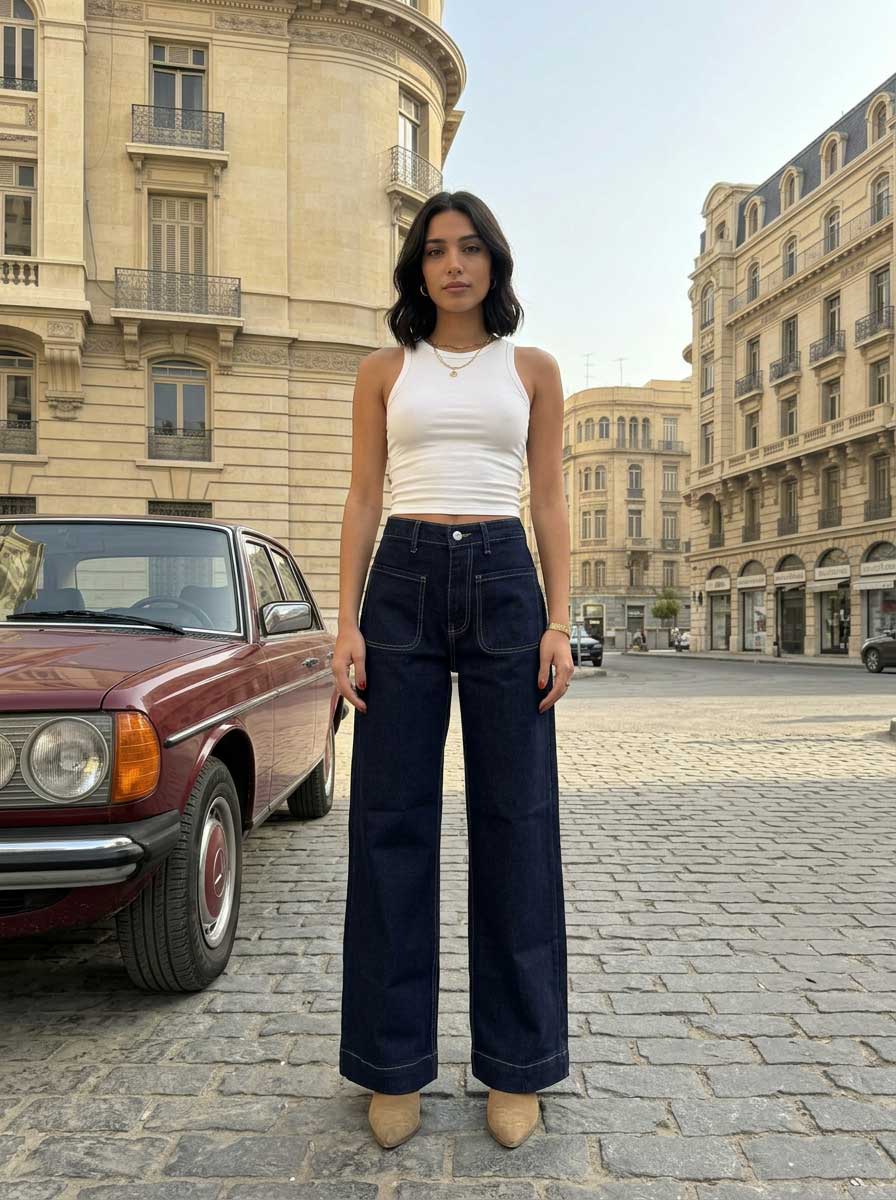 Classic Wide-Leg – High-Waist Raw Denim Patch Pocket Jeans Wide Leg CIZARO - Cizaro Jeans