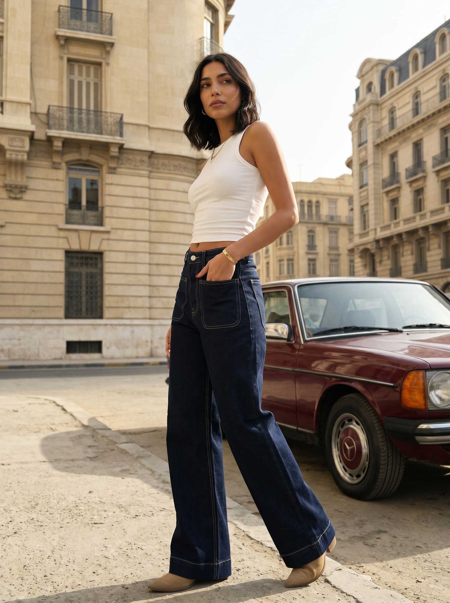 Classic Wide-Leg – High-Waist Raw Denim Patch Pocket Jeans Wide Leg CIZARO - Cizaro Jeans