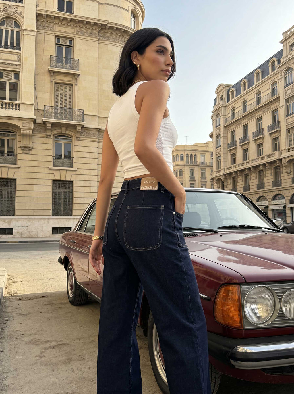 Classic Wide-Leg – High-Waist Raw Denim Patch Pocket Jeans Wide Leg CIZARO - Cizaro Jeans