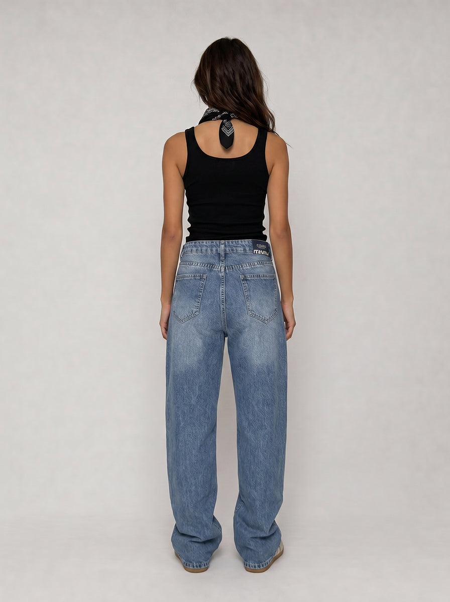 High waisted mid washed blue straight jeans straight CIZARO - Cizaro Jeans