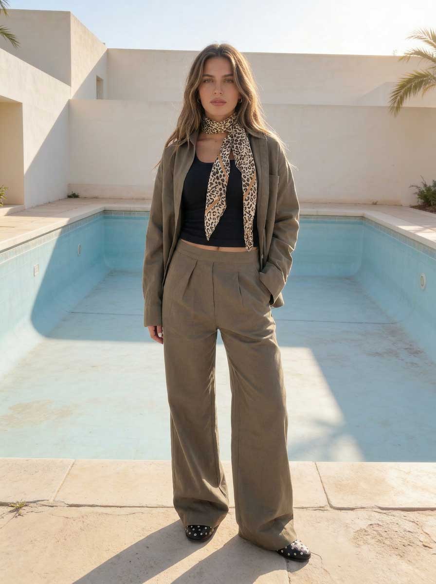 Deep Olive Wide-Leg Trousers – Linen Effect Non denim pants - linen pants - Summer collection CIZARO - Cizaro Jeans