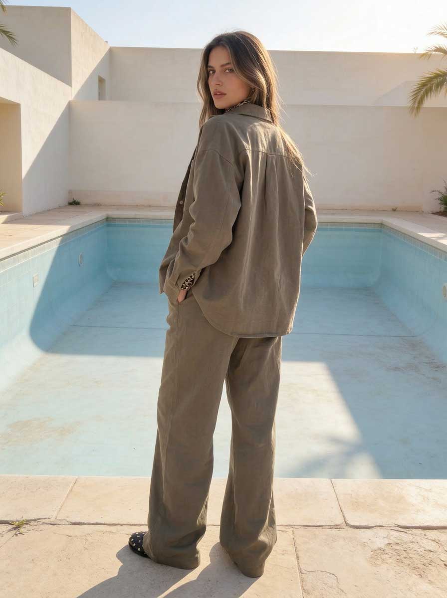Deep Olive Wide-Leg Trousers – Linen Effect Non denim pants - linen pants - Summer collection CIZARO - Cizaro Jeans