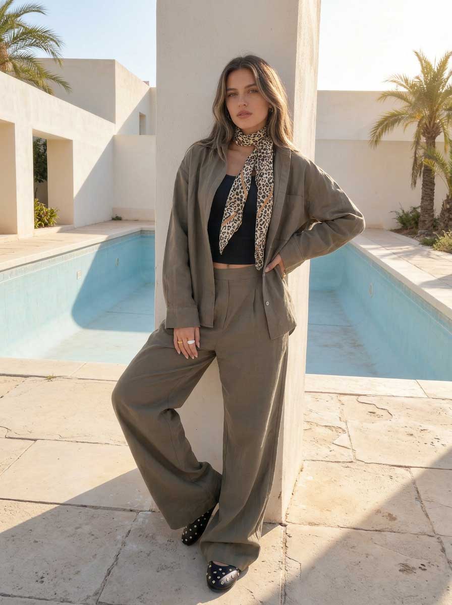 Deep Olive Wide-Leg Trousers – Linen Effect Non denim pants - linen pants - Summer collection CIZARO - Cizaro Jeans