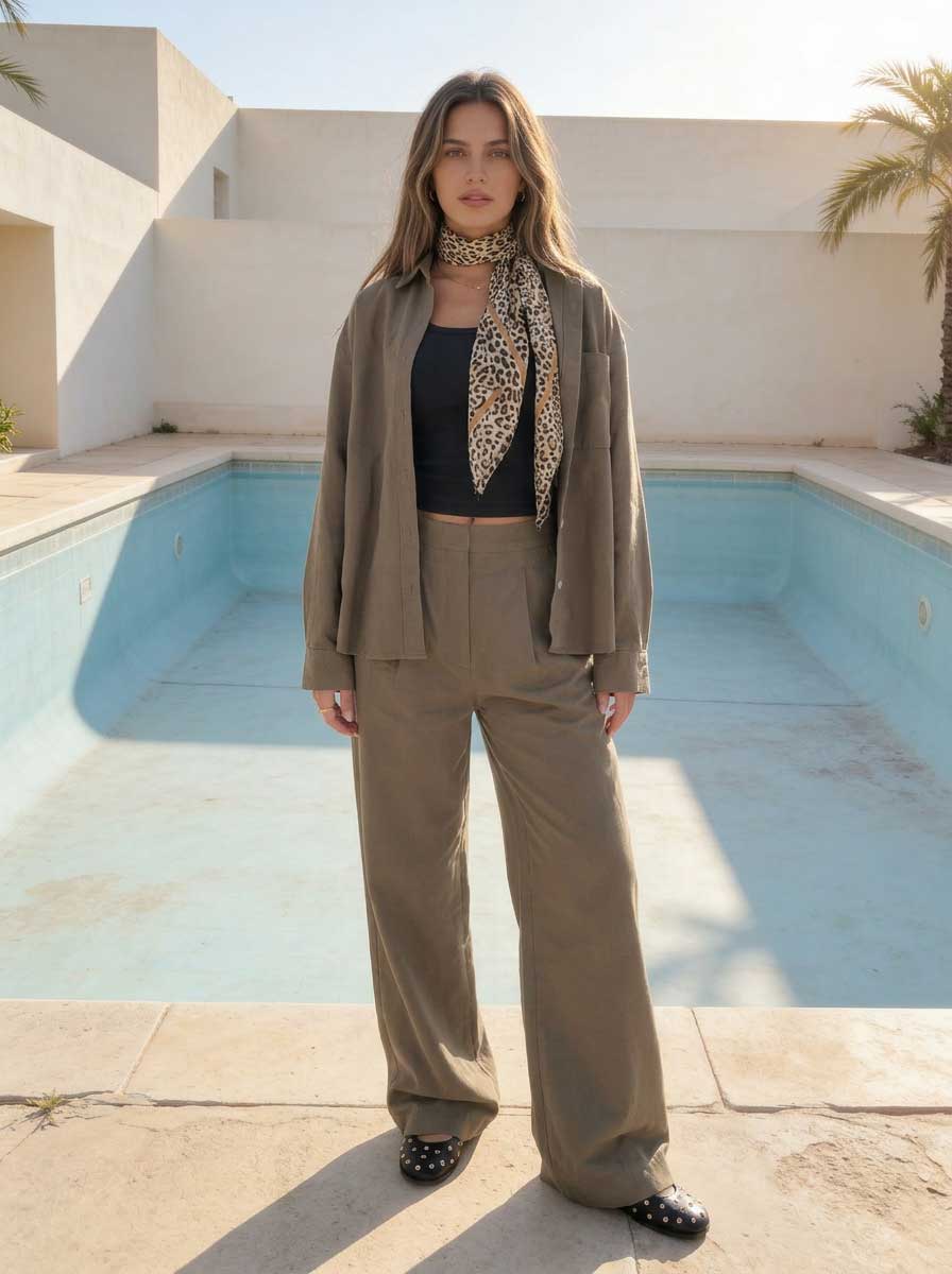 Deep Olive Wide-Leg Trousers – Linen Effect Non denim pants - linen pants - Summer collection CIZARO - Cizaro Jeans