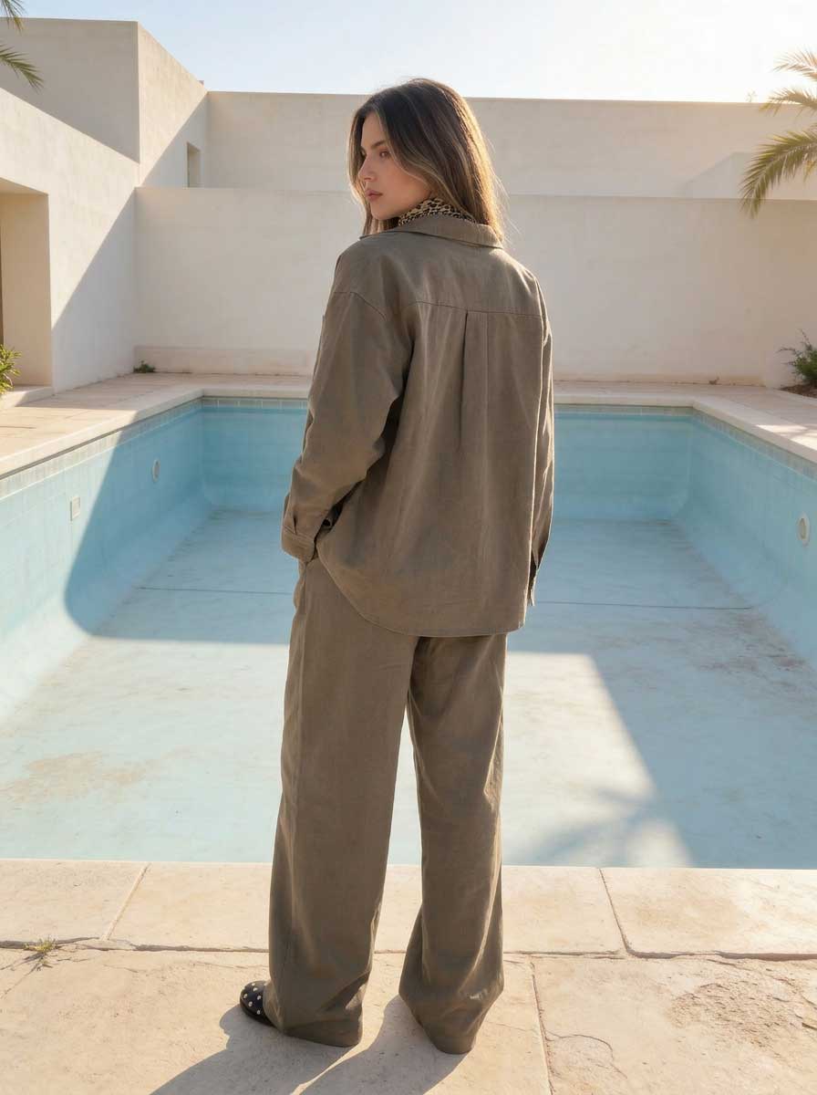 Deep Olive Oversized Shirt – Linen Effect Shirt CIZARO - Cizaro Jeans