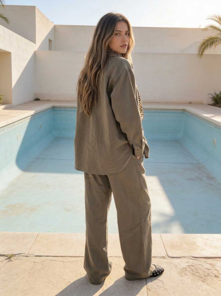 Deep Olive Oversized Shirt – Linen Effect Shirt - Summer collection - linen sets CIZARO - Cizaro Jeans