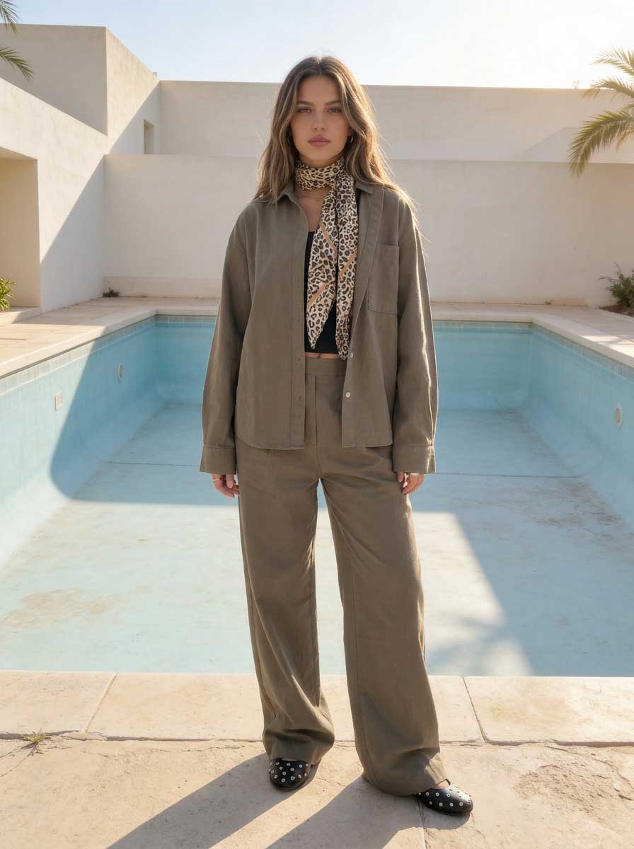 Deep Olive Oversized Shirt – Linen Effect Shirt CIZARO - Cizaro Jeans