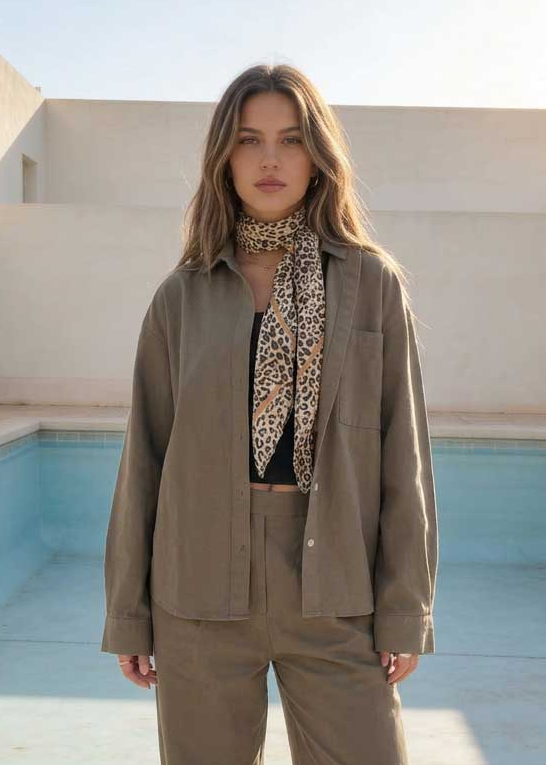 Deep Olive Oversized Shirt – Linen Effect Shirt - Summer collection - linen sets CIZARO - Cizaro Jeans