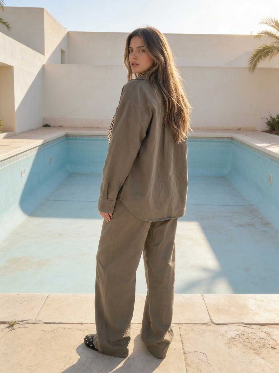 Deep Olive Oversized Shirt – Linen Effect Shirt - Summer collection - linen sets CIZARO - Cizaro Jeans