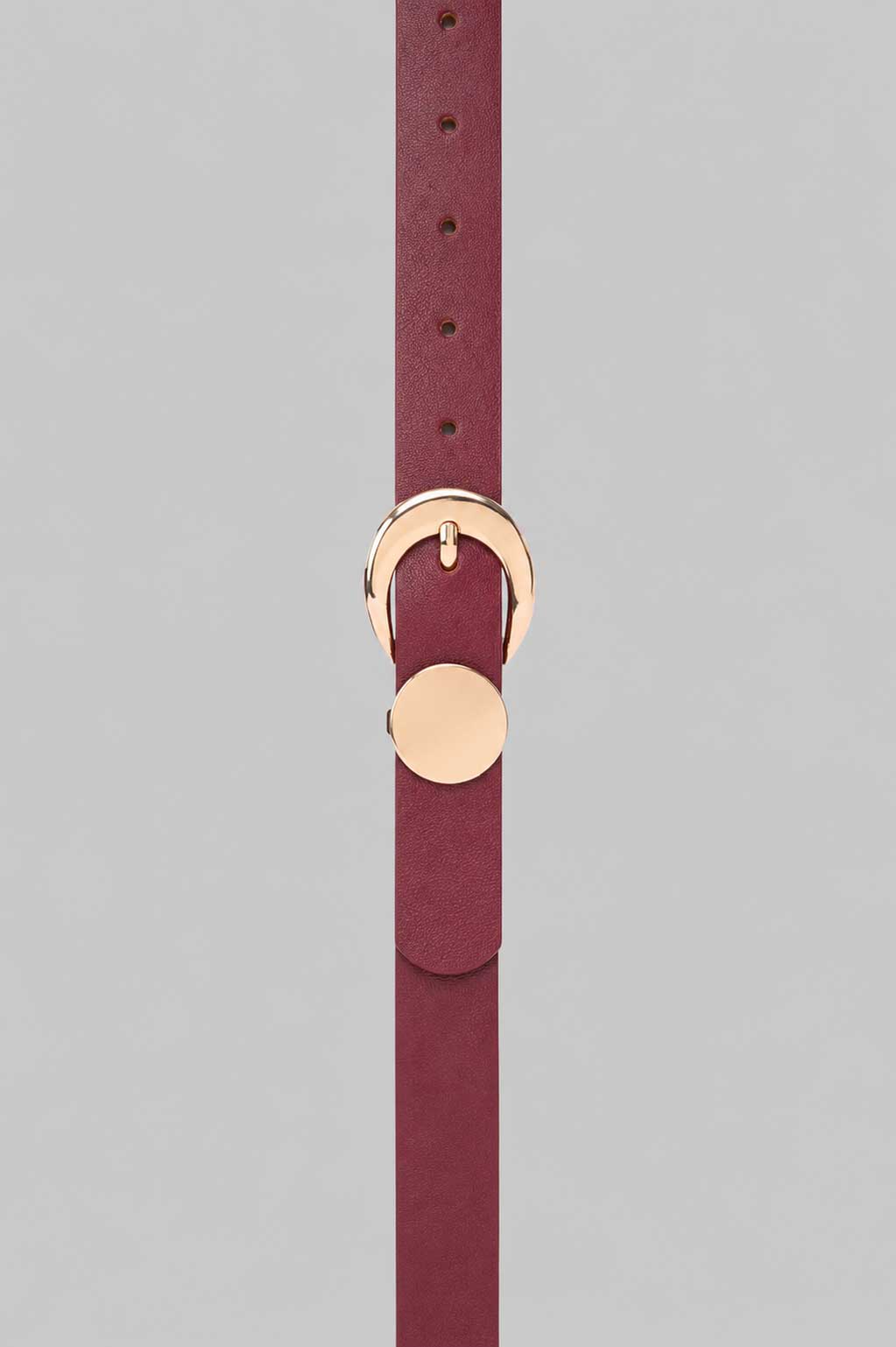 Burgundy Gold Circle Buckle Skinny Belt