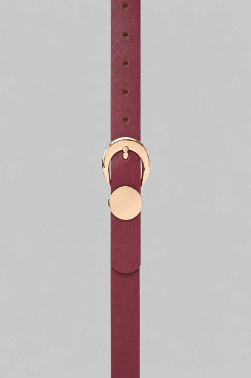 Burgundy Gold Circle Buckle Skinny Belt