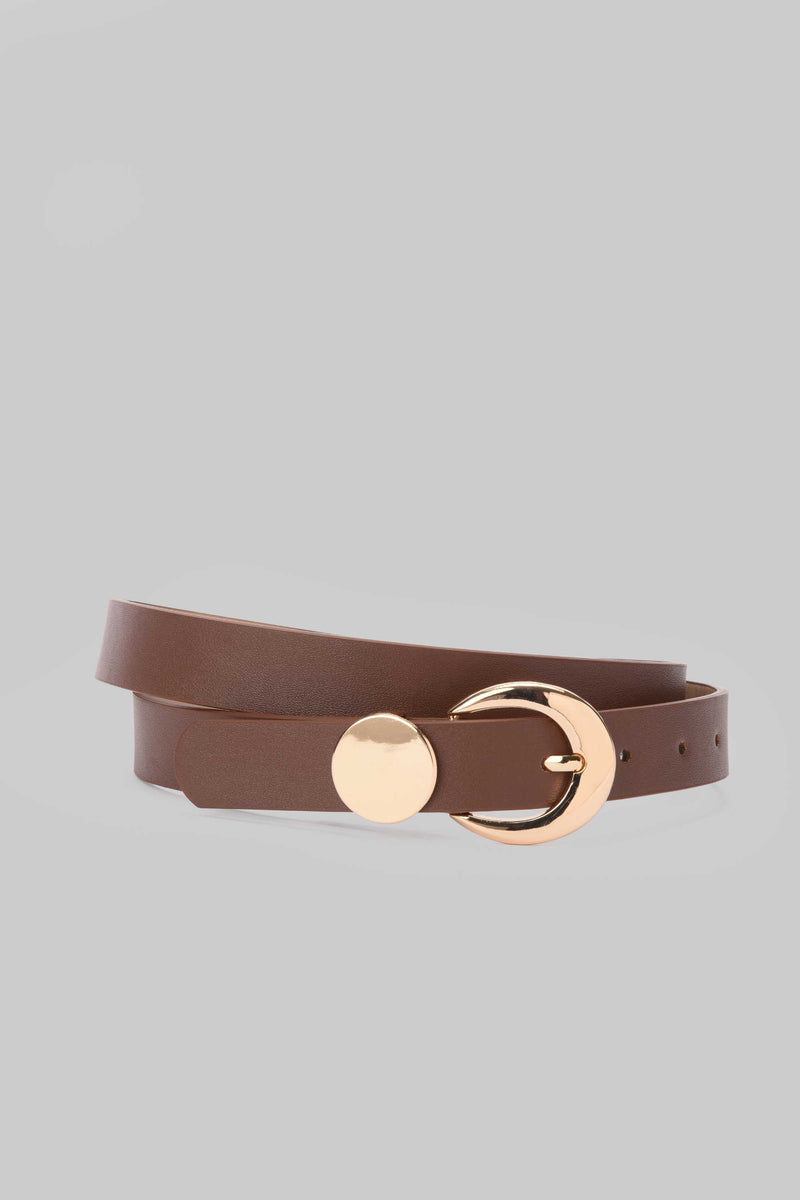 Chocolate Gold Circle Buckle Skinny Belt Belt CZBELT - Cizaro Jeans