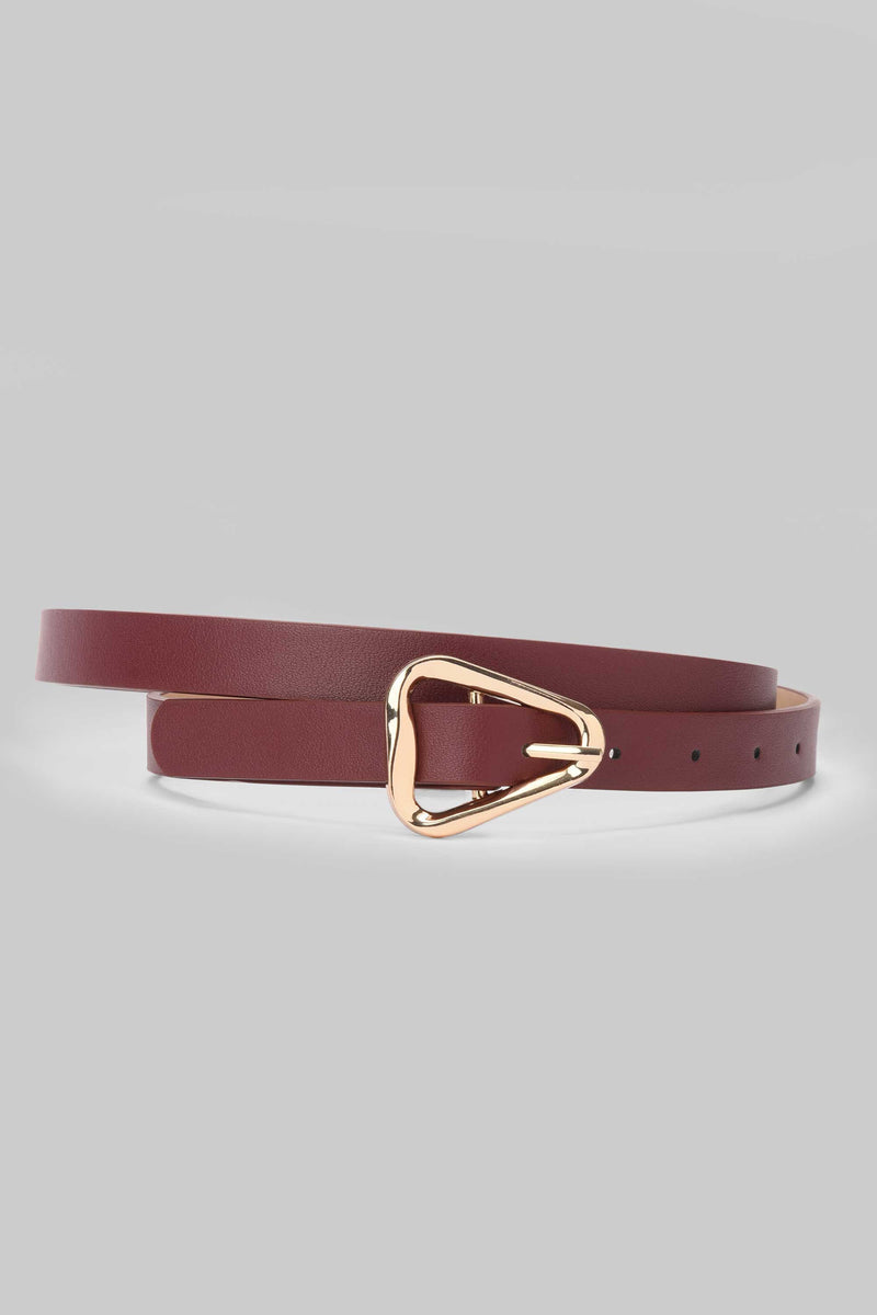 Burgundy Triangle Gold Buckle Skinny Belt Belt CIZARO - Cizaro Jeans