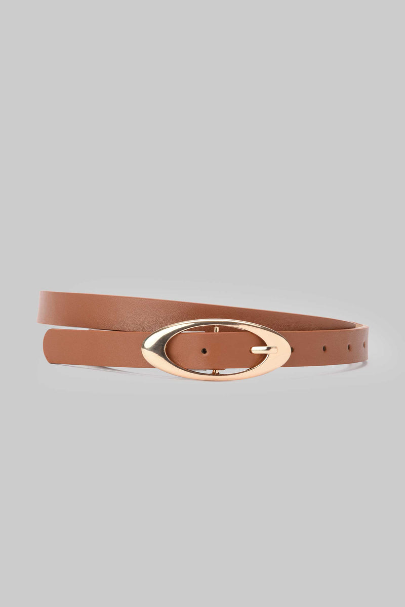 Camel Gold Oval Buckle Skinny Belt Belt CZBELT - Cizaro Jeans